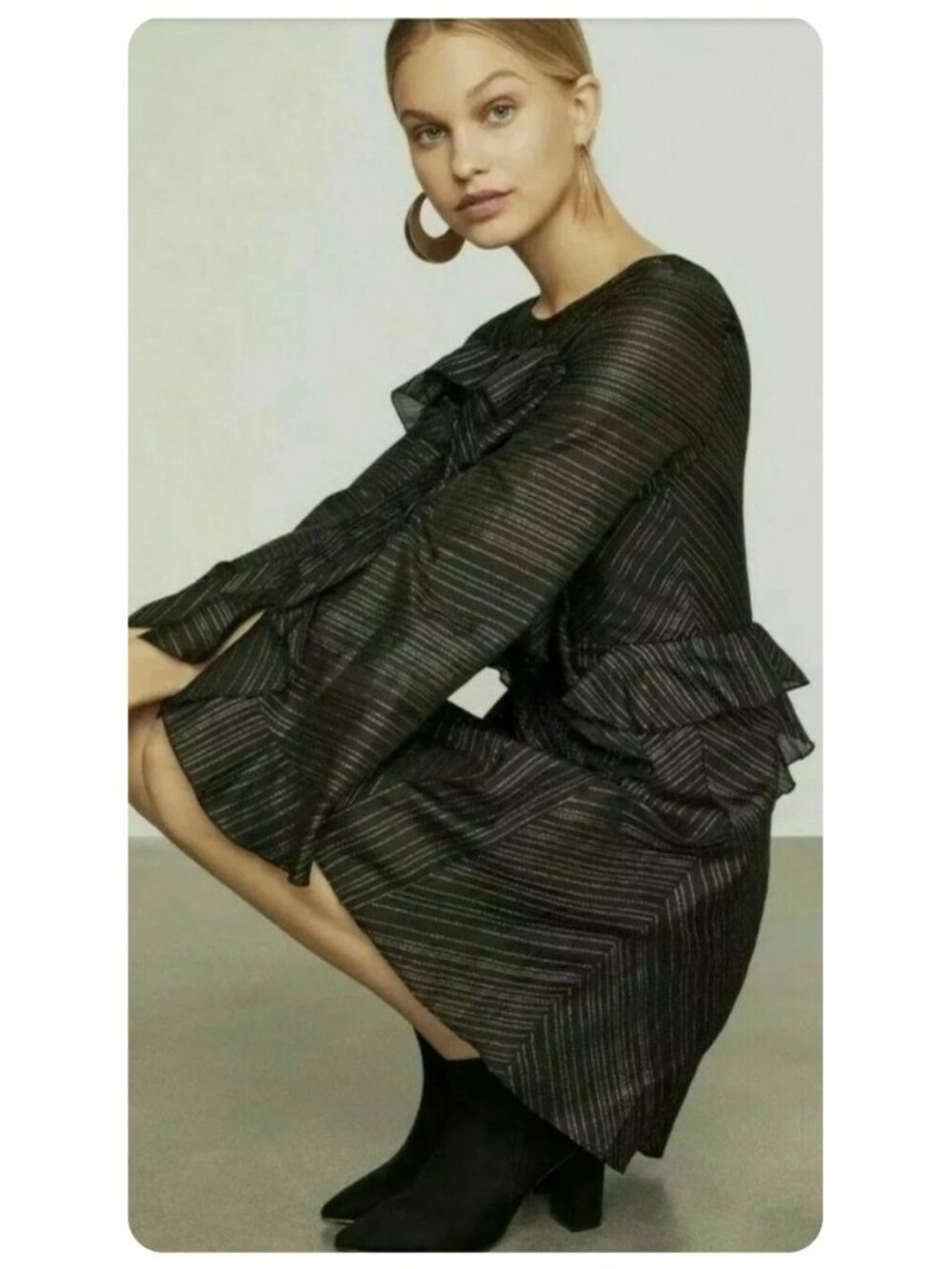 BCBGMaxAzria Black Metallic Ruffle Long Bell Sleeve Mini Dress sz S - Picture 3 of 9